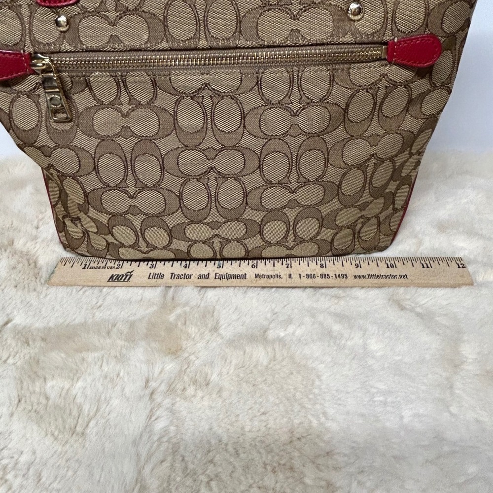 Coach Signature Gallery Tote Khaki Red Leather Trim Canvas Shoulder Bag F55364 - Picture 4 of 15